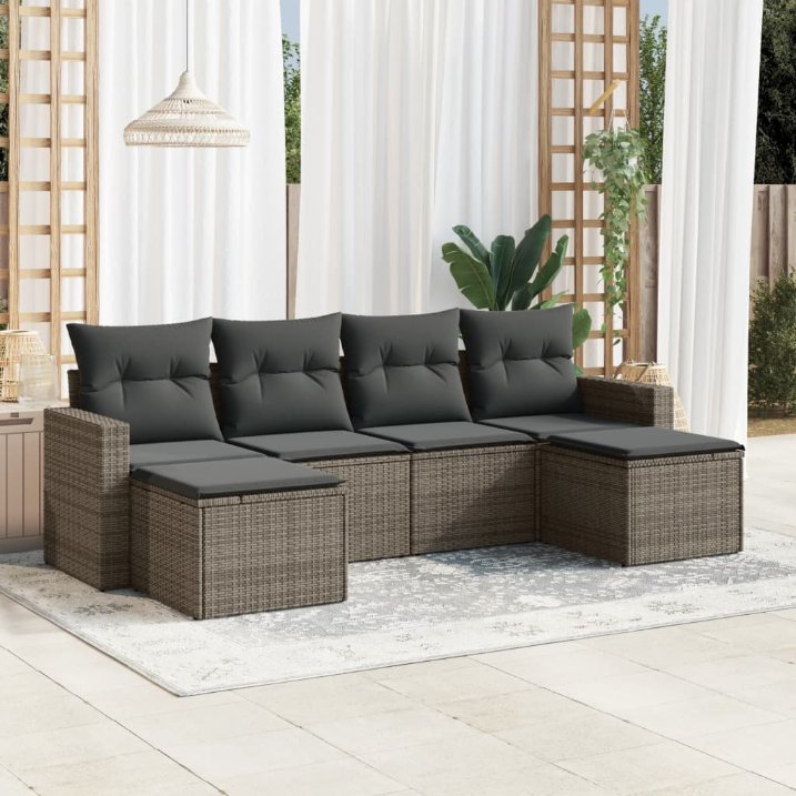 6-tlg. Garten-Sofagarnitur mit Kissen Schwarz Poly Rattan