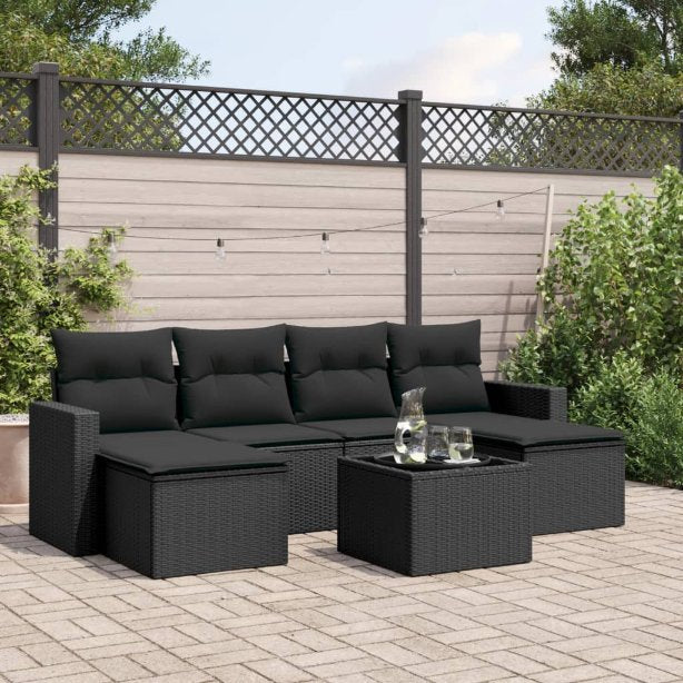 6-tlg. Garten-Sofagarnitur mit Kissen Schwarz Poly Rattan