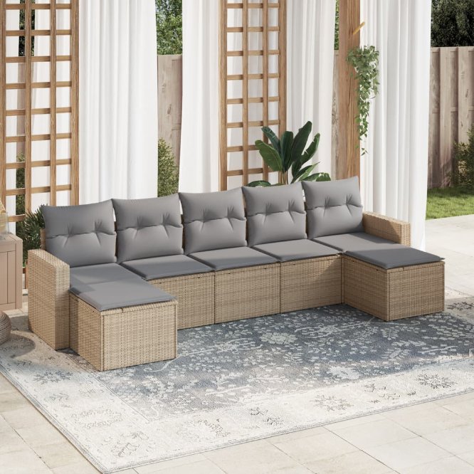 7-tlg. Garten-Sofagarnitur mit Kissen Schwarz Poly Rattan