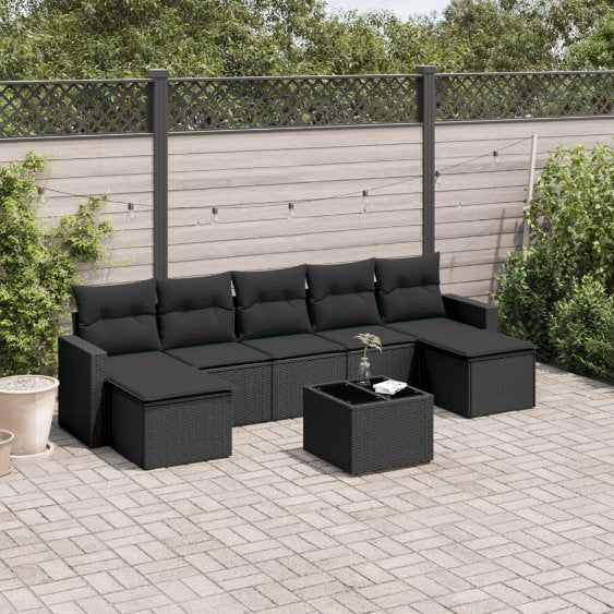 7-tlg. Garten-Sofagarnitur mit Kissen Schwarz Poly Rattan