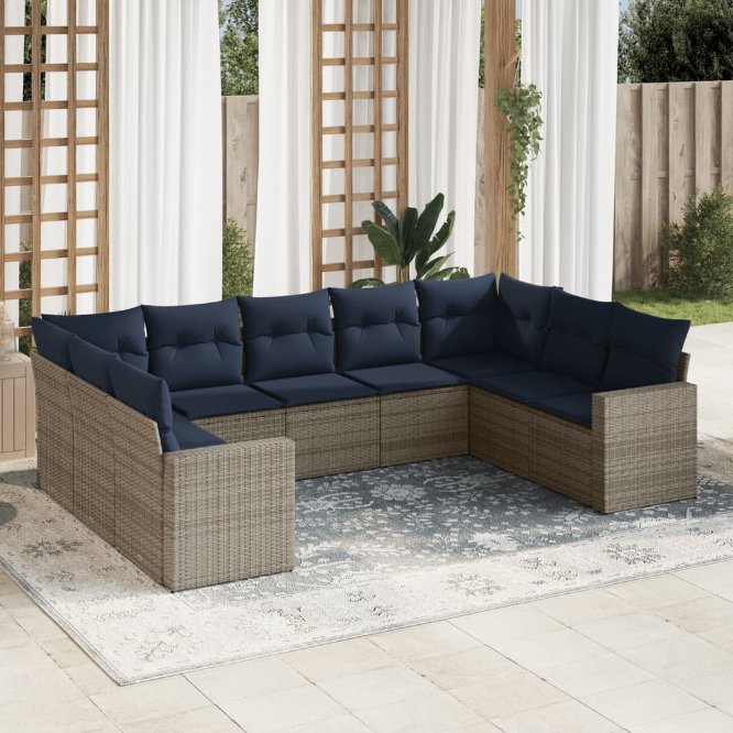 9-tlg. Garten-Sofagarnitur mit Kissen Grau Poly Rattan