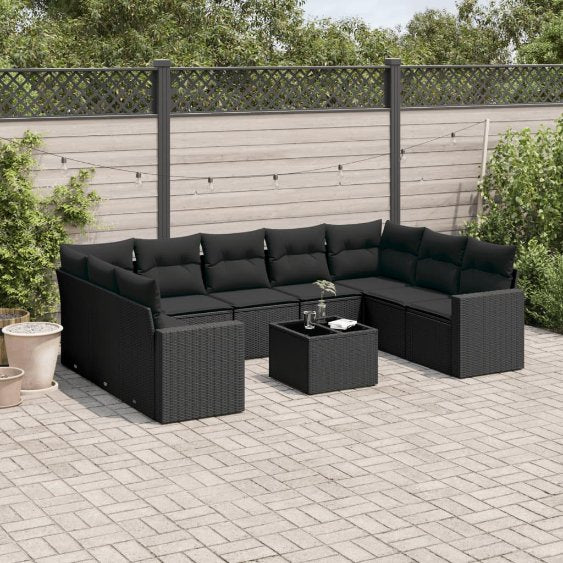 9-tlg. Garten-Sofagarnitur mit Kissen Schwarz Poly Rattan