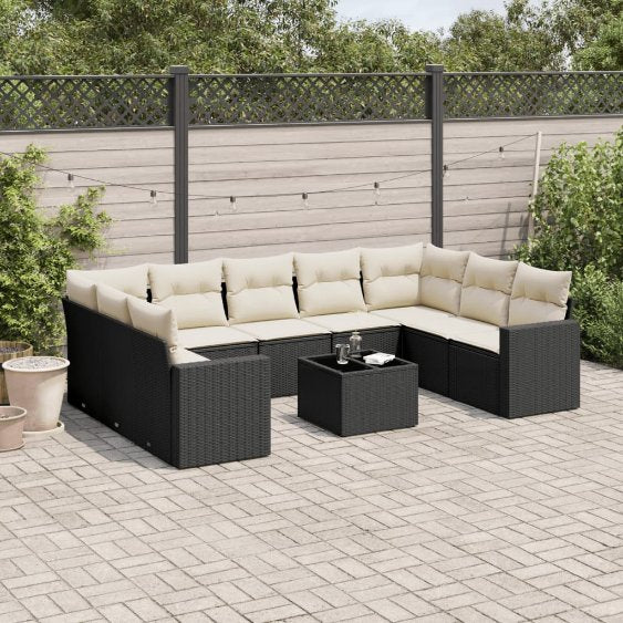 9-tlg. Garten-Sofagarnitur mit Kissen Schwarz Poly Rattan