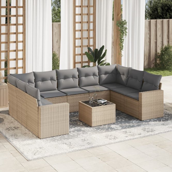 9-tlg. Garten-Sofagarnitur mit Kissen Schwarz Poly Rattan