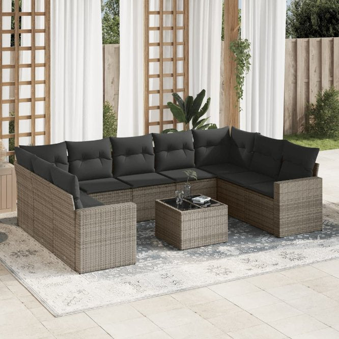 9-tlg. Garten-Sofagarnitur mit Kissen Schwarz Poly Rattan