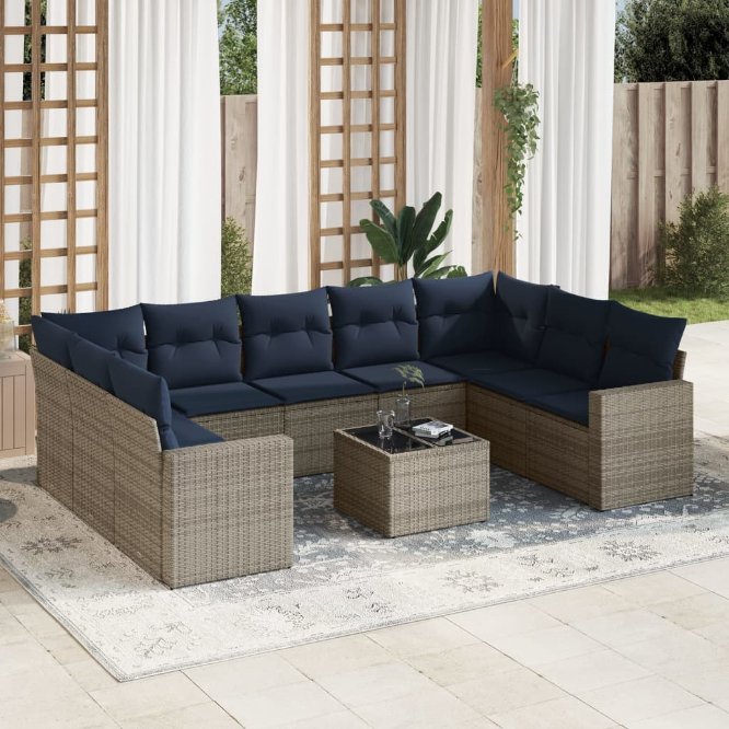 9-tlg. Garten-Sofagarnitur mit Kissen Grau Poly Rattan