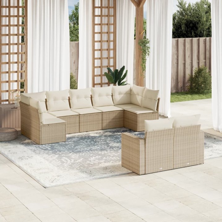 9-tlg. Garten-Sofagarnitur mit Kissen Schwarz Poly Rattan