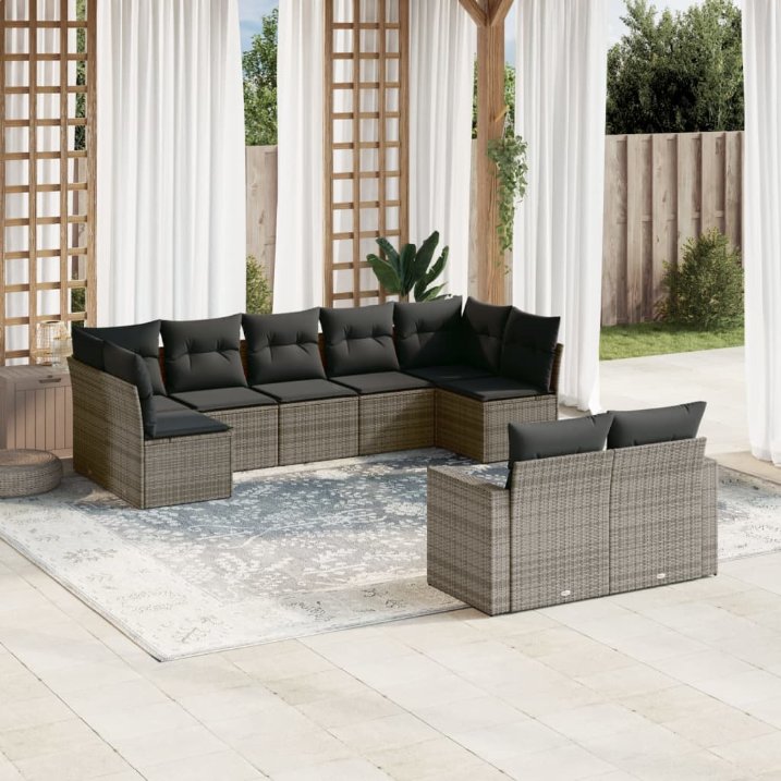 9-tlg. Garten-Sofagarnitur mit Kissen Schwarz Poly Rattan