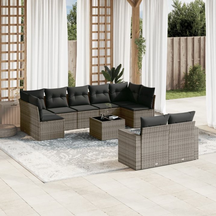 9-tlg. Garten-Sofagarnitur mit Kissen Schwarz Poly Rattan