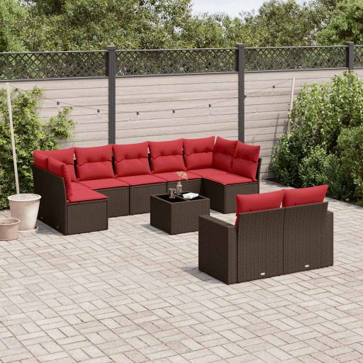 9-tlg. Garten-Sofagarnitur mit Kissen Schwarz Poly Rattan