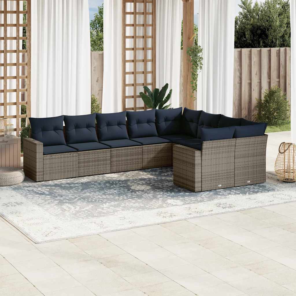 9-tlg. Garten-Sofagarnitur mit Kissen Schwarz Poly Rattan