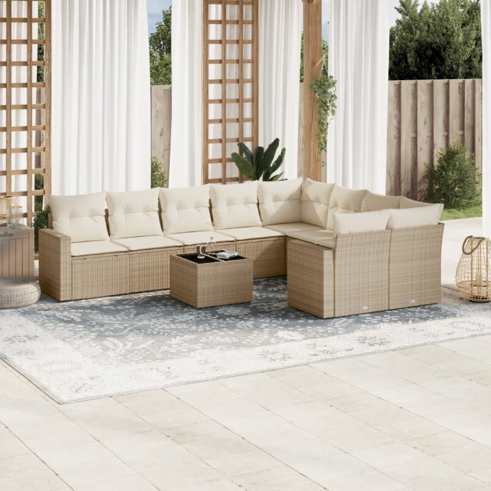 9-tlg. Garten-Sofagarnitur mit Kissen Schwarz Poly Rattan