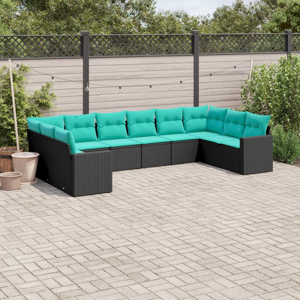 vidaXL 10-tlg. Garten-Sofagarnitur mit Kissen Schwarz Poly Rattan