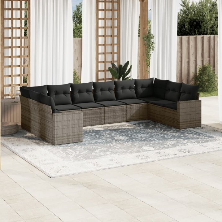 vidaXL 10-tlg. Garten-Sofagarnitur mit Kissen Schwarz Poly Rattan