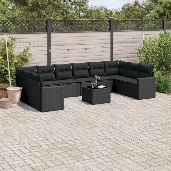 vidaXL 10-tlg. Garten-Sofagarnitur mit Kissen Schwarz Poly Rattan