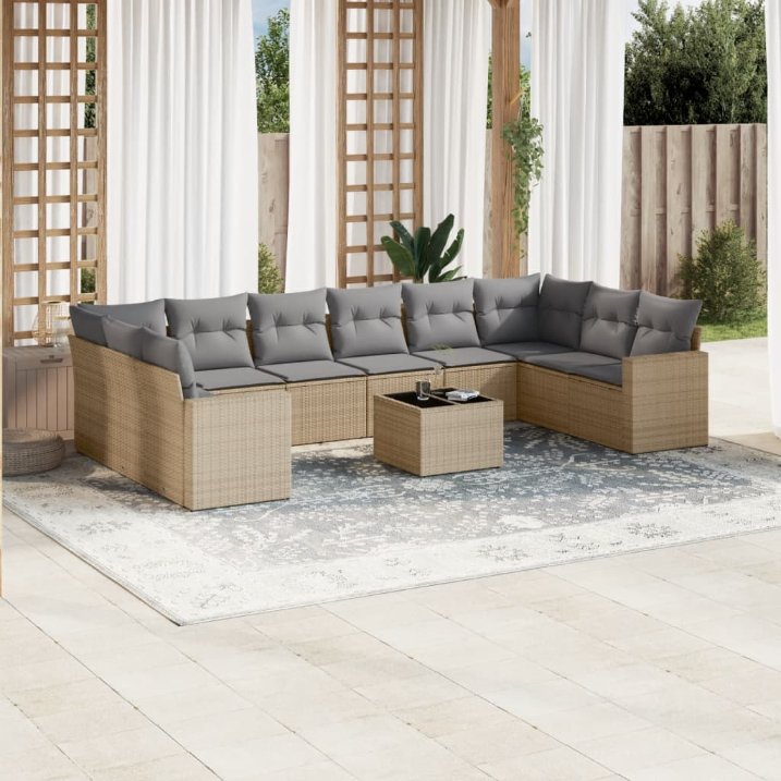 vidaXL 10-tlg. Garten-Sofagarnitur mit Kissen Schwarz Poly Rattan