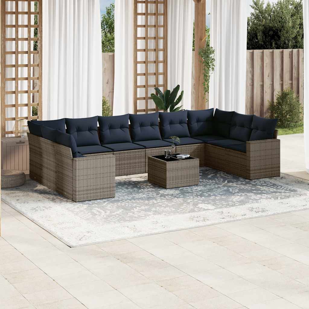 vidaXL 10-tlg. Garten-Sofagarnitur mit Kissen Schwarz Poly Rattan