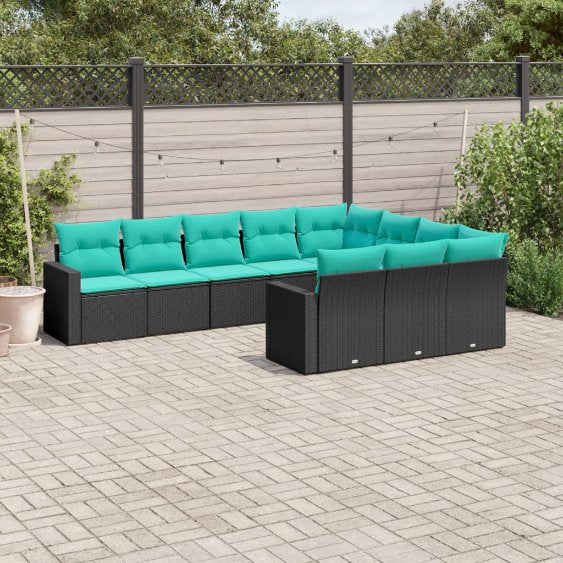 vidaXL 10-tlg. Garten-Sofagarnitur mit Kissen Schwarz Poly Rattan