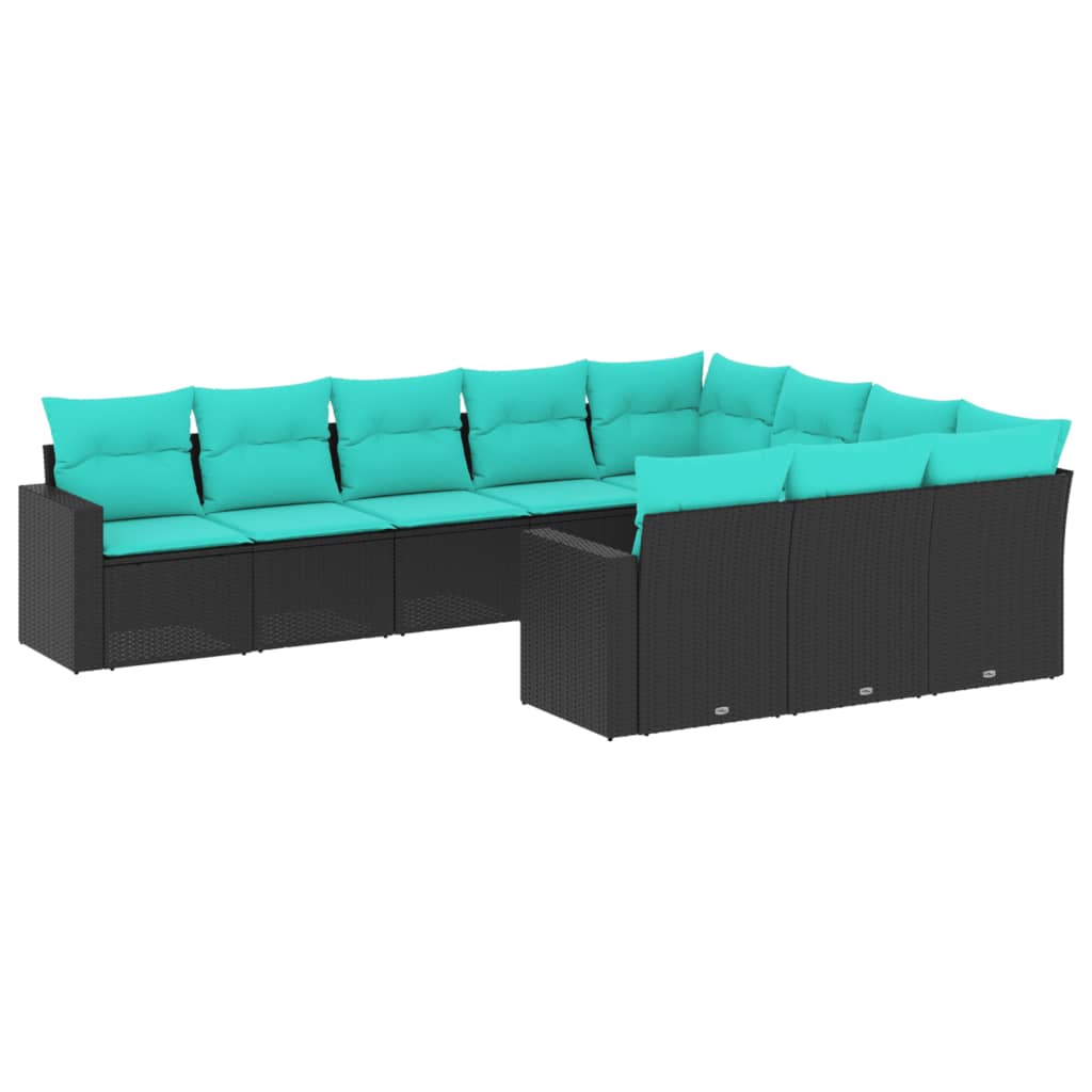 vidaXL 10-tlg. Garten-Sofagarnitur mit Kissen Schwarz Poly Rattan
