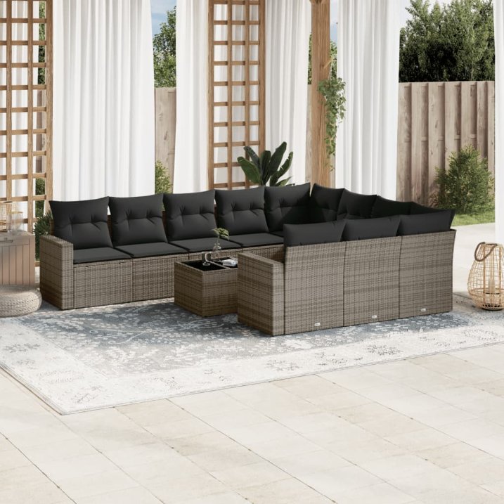 vidaXL 10-tlg. Garten-Sofagarnitur mit Kissen Schwarz Poly Rattan