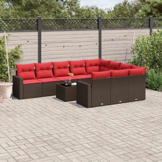 vidaXL 10-tlg. Garten-Sofagarnitur mit Kissen Schwarz Poly Rattan