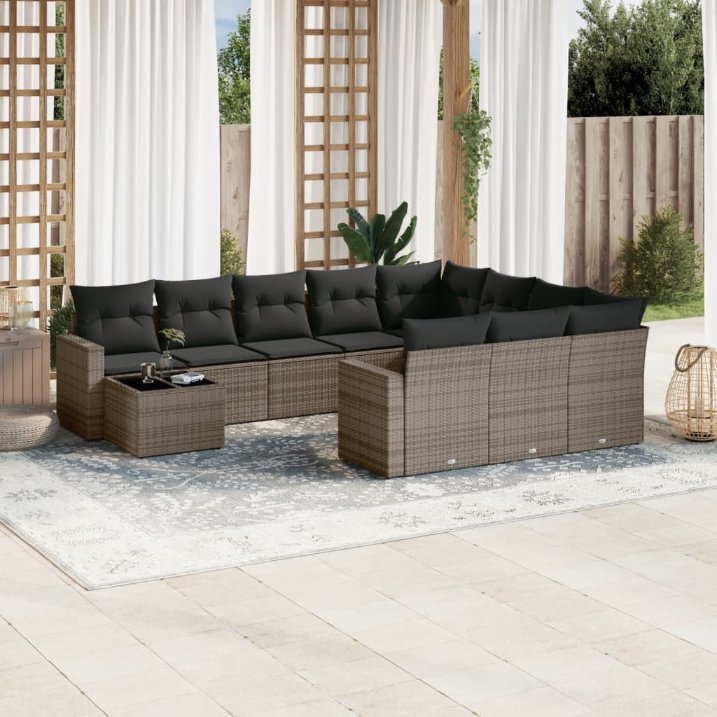 vidaXL 11-tlg. Garten-Sofagarnitur mit Kissen Schwarz Poly Rattan