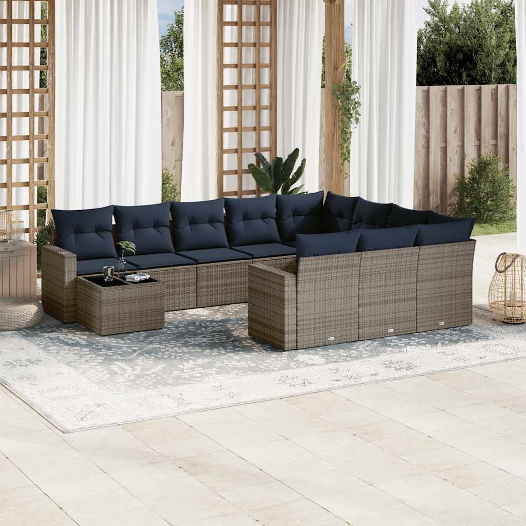 vidaXL 11-teiliges Gartensofa-Set mit Kissen, schwarzes Polyrattan