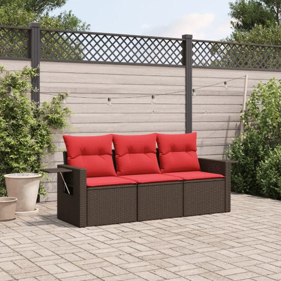 3-teiliges Gartensofa-Set mit Kissen, schwarzes Polyrattan