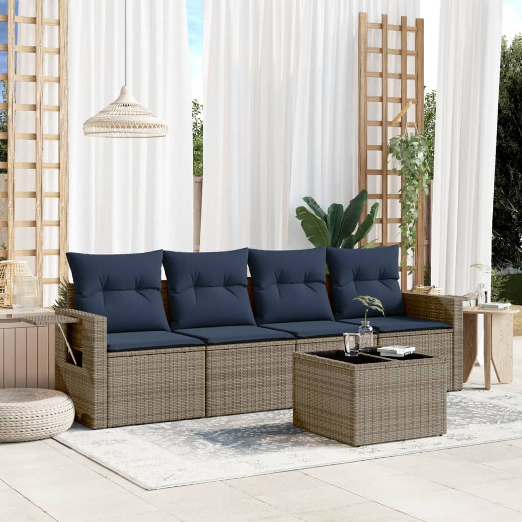 5-teiliges Gartensofa-Set mit Kissen, schwarzes Polyrattan