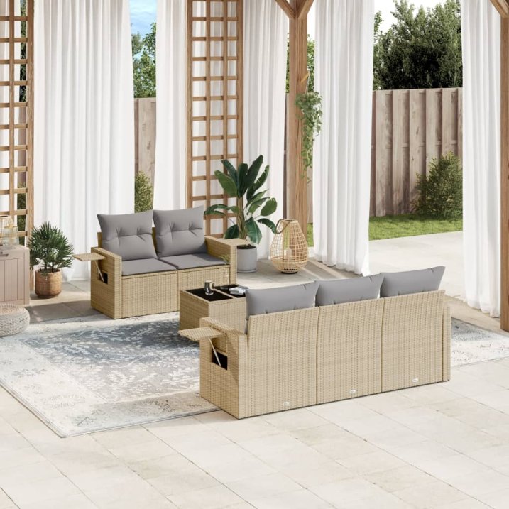 6-tlg. Garten-Sofagarnitur mit Kissen Schwarz Poly Rattan