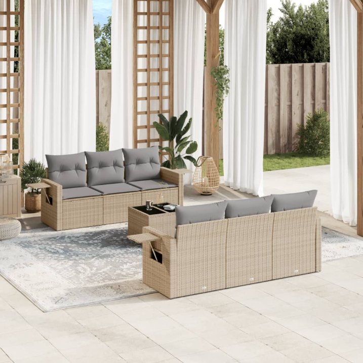 7-tlg. Garten-Sofagarnitur mit Kissen Schwarz Poly Rattan