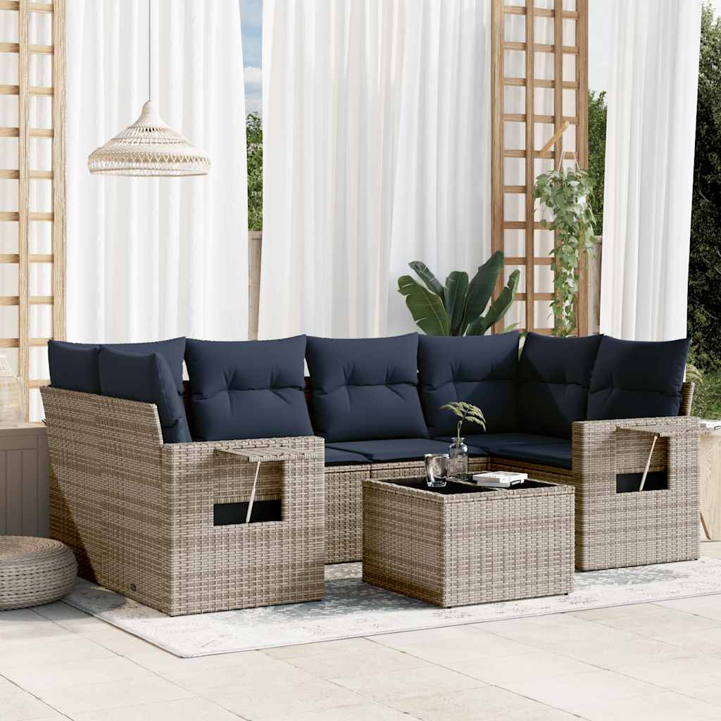 7-teiliges Gartensofa-Set mit Kissen, schwarzes Polyrattan