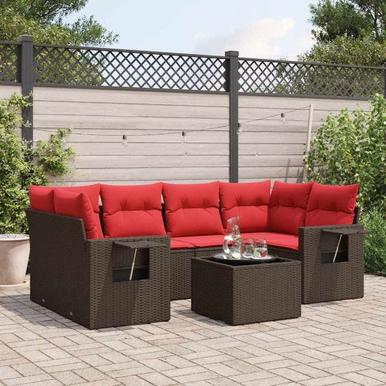 7-teiliges Gartensofa-Set mit Kissen, schwarzes Polyrattan