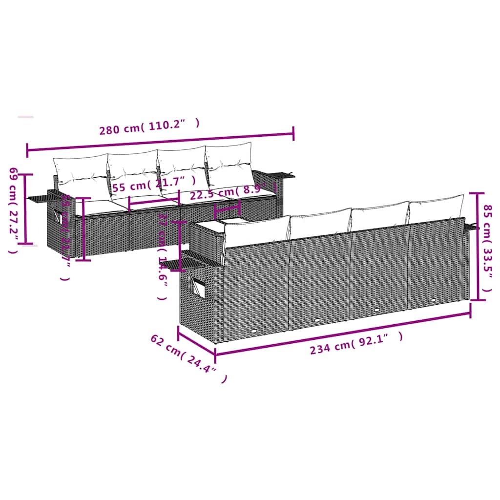 9-teiliges Gartensofa-Set mit Kissen, schwarzes Polyrattan