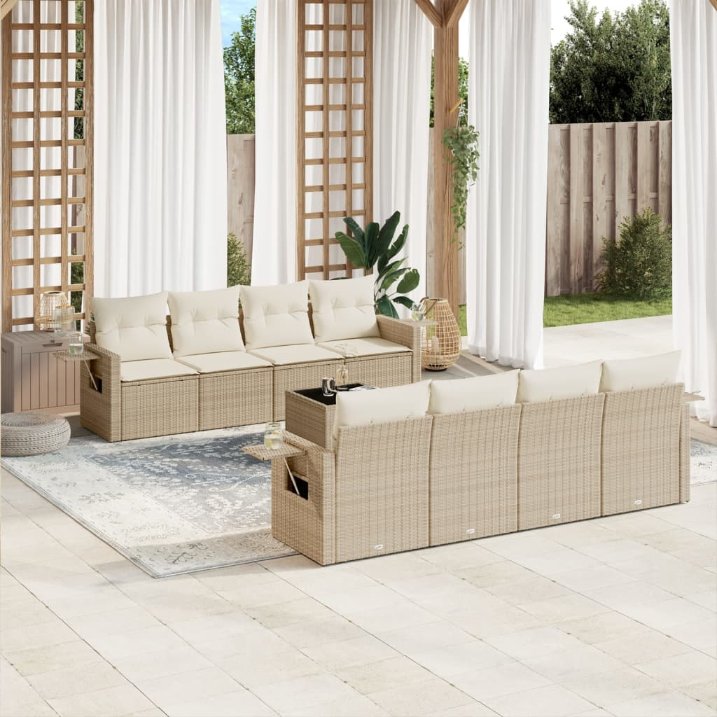 9-tlg. Garten-Sofagarnitur mit Kissen Schwarz Poly Rattan