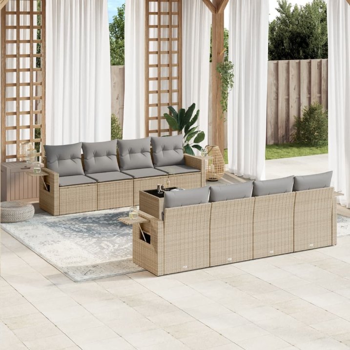 9-tlg. Garten-Sofagarnitur mit Kissen Schwarz Poly Rattan