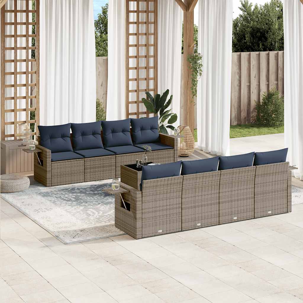 9-teiliges Gartensofa-Set mit Kissen, schwarzes Polyrattan