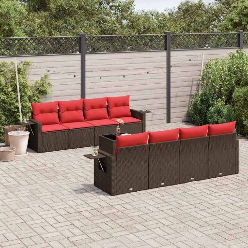 9-teiliges Gartensofa-Set mit Kissen, schwarzes Polyrattan