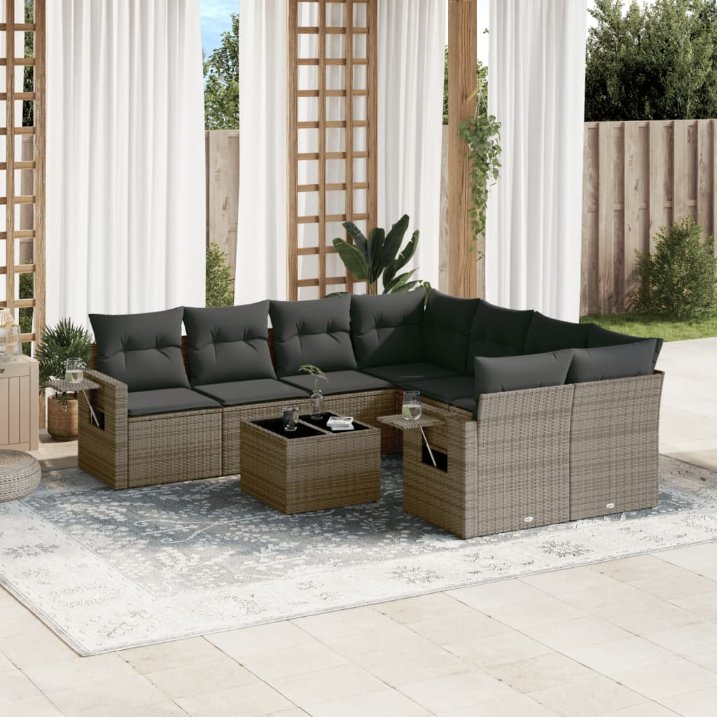 9-tlg. Garten-Sofagarnitur mit Kissen Schwarz Poly Rattan