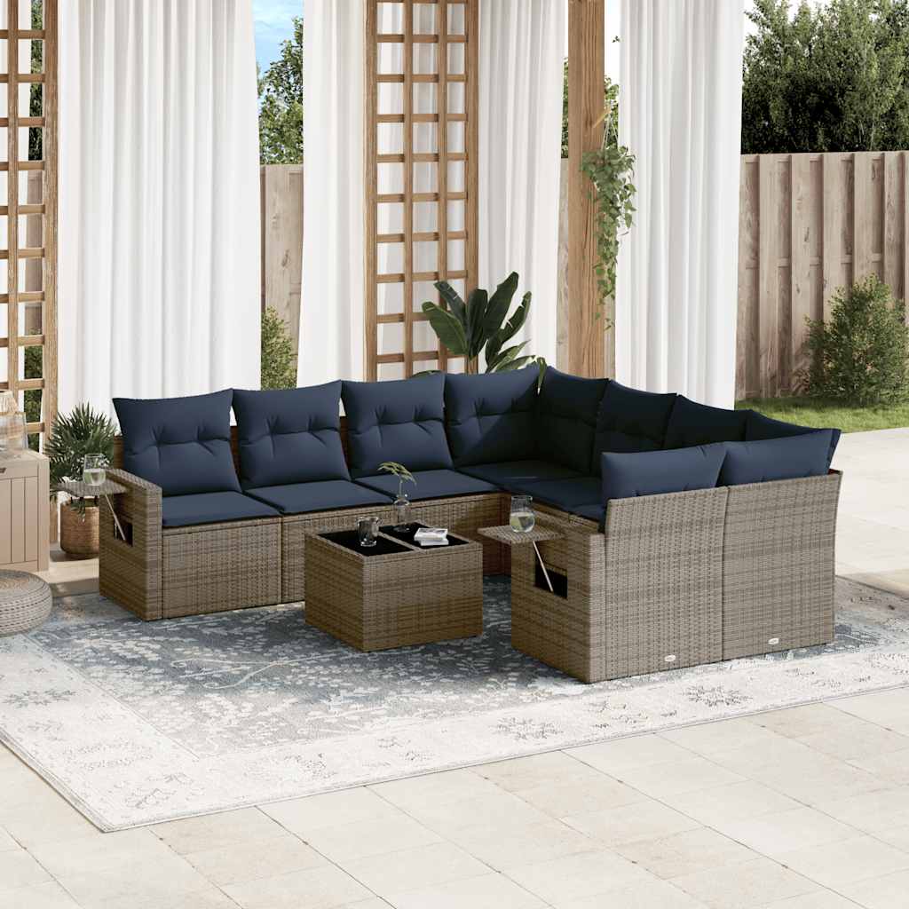 9-teiliges Gartensofa-Set mit Kissen, schwarzes Polyrattan