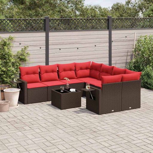 9-teiliges Gartensofa-Set mit Kissen, schwarzes Polyrattan