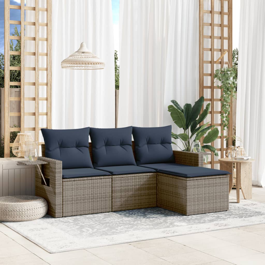 4-teiliges Gartensofa-Set mit Kissen, schwarzes Polyrattan