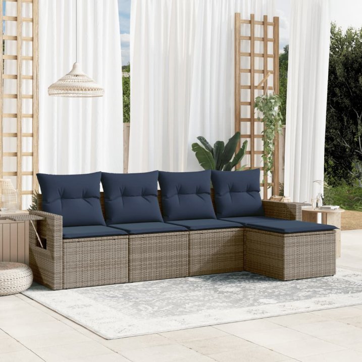 5-teiliges Gartensofa-Set mit Kissen, schwarzes Polyrattan