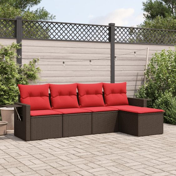 5-teiliges Gartensofa-Set mit Kissen, schwarzes Polyrattan