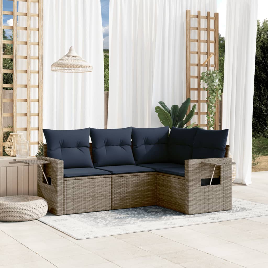 4-teiliges Gartensofa-Set mit Kissen, schwarzes Polyrattan