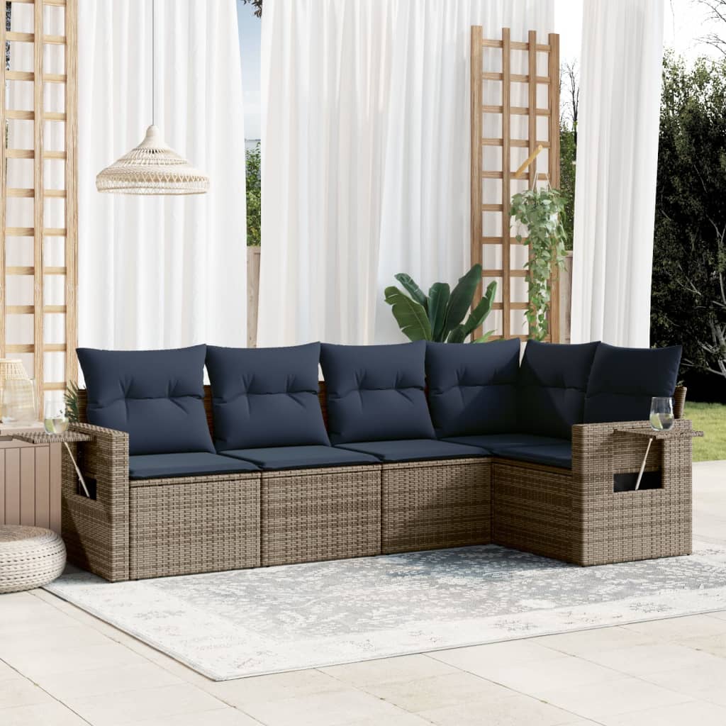 5-teiliges Gartensofa-Set mit Kissen, schwarzes Polyrattan