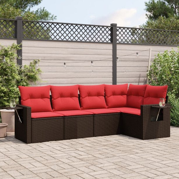 5-teiliges Gartensofa-Set mit Kissen, schwarzes Polyrattan