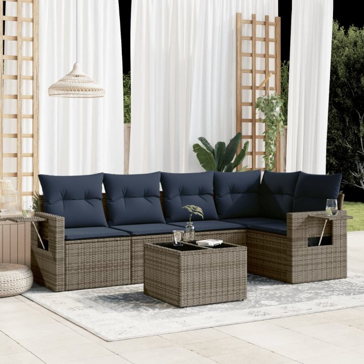5-teiliges Gartensofa-Set mit Kissen, schwarzes Polyrattan