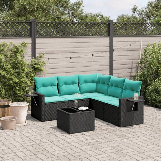 5-teiliges Gartensofa-Set mit Kissen, schwarzes Polyrattan