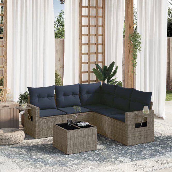 5-teiliges Gartensofa-Set mit Kissen, schwarzes Polyrattan